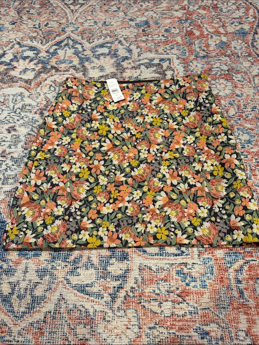 LOFT Black Floral Jacquard Mini Skirt with Peach & Yellow Blooms